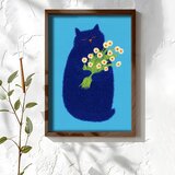 Wallxpert uramljena MDF slika NAL096-46, plava mačka drži buket belih rada na svetloplavoj pozadini, 35,5 x 47 cm | Eponuda.com