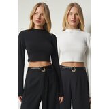Happiness İstanbul Women's Black Ecru Stand Up Collar 2-Pack Sandy Crop Top Cene