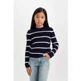 Defacto Girl Navy Blue Striped Fitted Crew Neck Knitwear Sweater D1392a824wn