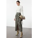 Trendyol Khaki Faux Leather Midi Skirt