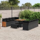 vidaXL 11-delni vrtni kavč s blazinami črn poli ratan akacija | Shoptok.si