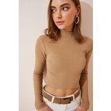 Happiness İstanbul Women's Biscuit Corduroy Turtleneck Crop Knitted Blouse Cene