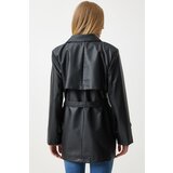  Women's Black Faux Leather Double Breasted Collar Short Trench Coat | Eponuda.ba