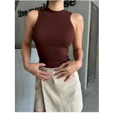 Laluvia Bitter Brown Barbell Neck Ribbed Undershirt