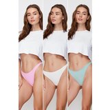 Trendyol Ecru-Pink-Green 3-Pack Cotton Thong Briefs Cene