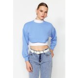 Trendyol Blue Crew Neck Relaxed Fit/Crop Thick Knitted Sweatshirt Cene