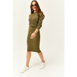 Olalook Women's Khaki Thin Strap Knitwear Dress Openwork Sweater Suit Cene