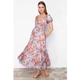 Trendyol Blue Floral Patterned A-Line Gipe Detailed Maxi Lined Chiffon Woven Dress