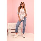 Kesi Włoski Women's cotton shirt with floral pattern and rolled-up sleeves white | shoptok.hr