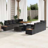 vidaXL 11-delni vrtni kavč set z blazinami črni poli ratan akacija | Shoptok.si