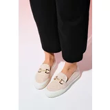 LuviShoes MARRAKECH Beige Denim Women's Buckled Loafer Shoes
