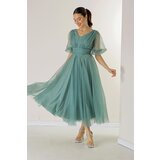 By Saygı Front Back V Neck Short Balloon Sleeve Lined Bud Pattern Silvery Dahya Fabric Dress Cijene