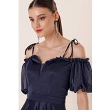 By Saygı Pleated Collar Balloon Sleeve Lined Glittery Long Dress | Shoptok.si