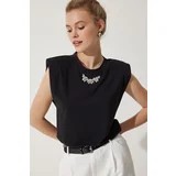 Happiness İstanbul Women's Black Collar Shiny Jewelled Padded Cotton Knitted T-Shirt