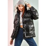 Bianco Lucci Women's Puffy Leather Coat with Shearling Hood. Cene
