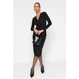 Trendyol Black Double Breasted Neck Long Sleeves Smocking Detailed Fitted Midi Knit Dress | shoptok.hr