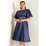 Lafaba Women's Navy Blue Balloon Sleeve Stone Belted Plus Size Satin Evening Dress Cene