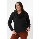 Lafaba Women's Black Pleated Collar Long Sleeve Plus Size Blouse