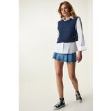  Women's Navy Blue Motif Tied Crop Knitwear Sweater | shoptok.hr