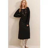 Trend Alaçatı Stili Women's Black Bateau Neck Wool-Effect Sweater Dress