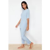 Trendyol Blue Cotton Corded Slit Detailed Knitted Pajamas Set Cene