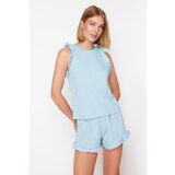 Trendyol Blue 100% Cotton Ruffle Detailed Undershirt-Shorts Knitted Pajama Set cene