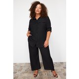 Trendyol curve black textured button-woven shirt-pants plus size bottom-top set Cene