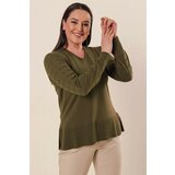 By Saygı V-neck Acrylic Sweater Khaki with Sleeves Patterned Plus Size Acrylic Sweater with slits in the sides. Cene