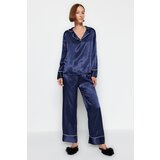 Trendyol Blue Piping Detailed Satin Shirt-Pants Woven Pajamas Set Cene