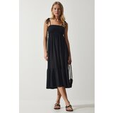 Happiness İstanbul Women's Black Strappy Crinkle Summer Knitted Dress Cene