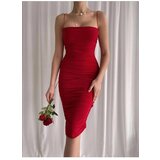 Dewberry 64500 Thin Strap Draped Midi Evening Dress-RED | Shoptok.si