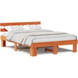 vidaXL Posteljni okvir s hrbtom Rjava 140x200 cm Trden borov les | Shoptok.si