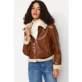 Trendyol Brown Suede Plush Detailed Biker Jacket Coat Cene