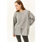 Olalook Women's Gray Ripped Detailed Oversize Knitwear Sweater