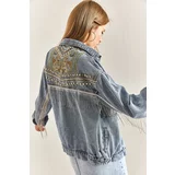 Bianco Lucci Women's Embroidered Stone Embroidered Denim Jacket