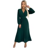 Numoco Pleated midi dress with a neckline, long sleeves and a wide belt Cene