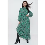 By Saygı Green Top Pleated Long Leaf Patterned Waist Belted Lined Long Chiffon Dress