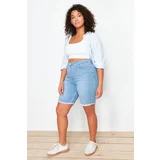 Trendyol Curve Blue Leg Tassel Detailed Stretchy Skinny Denim Shorts