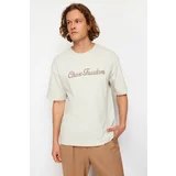Trendyol Stone Men's Oversize/Wide Cut Text Applique Embroidered 100% Cotton Short Sleeve T-Shirt