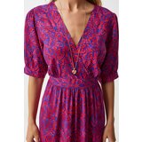  Women's Dark Pink Wrap Collar Floral Summer Viscose Dress | Eponuda.ba