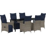  7-delni set vrtnega jedilnega pohištva z oblazinjenjem, sivo poliratan, vrtna miza črna 200x80x73 cm iz kaljenega stekla | Shoptok.si
