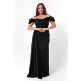 Lafaba Women's Black Boat Neck Train Long Satin Evening Dress & Prom Dress | shoptok.hr