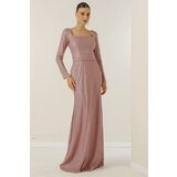 By Saygı Square Collar, Lined, Wide Size Evening Long Dress with Cut Stones. Cene