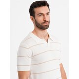 Ombre Men's horizontal striped viscose polo shirt - white and beige | ePonuda.com