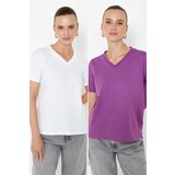 Trendyol Purple-White 100% Cotton 2-Pack Basic V-Neck Knitted T-Shirt | ePonuda.com