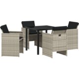 vidaXL 5-delna vrtna jedilna garnitura s blazinami Svetlo siva Poli Ratan, Vrtna miza Črna 80x80x73 cm Kaljeno steklo | Shoptok.si