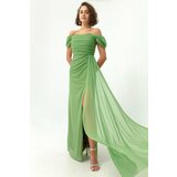 Lafaba Women's Green Boat Collar Draped Long Glittery Evening Dress with a Slit. Cene