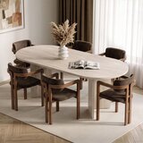Hanah home trpezarijski set Aleria, ovalni sto i 6 stolica sa rukonaslonima, travertin i orah, braon šenil tkanina | Eponuda.com