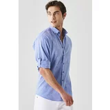 Altinyildiz classics Men's Saxe Blue Comfort Fit Relaxed Cut Buttoned Collar Casual Linen Shirt