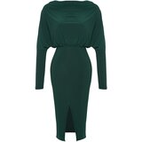 Trendyol Emerald Green Clad Collar A-Line / A-Line Formal Midi Stretch Knit Dress with a Slit Cene